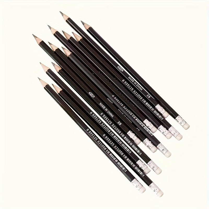 12pcs 2B Black Pencil Set with Rubber Writing Tool Sketch Pencil, Hand Drawing Tool 2B Exam Pen Art Supplies Pen Stationery Boutique Writing Tool, Suitable for Writing, Student Drawing, Sketching and Drawing, Suitable for School Edition Office Suppli
