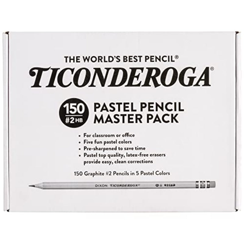 Ticonderoga Wood-Cased Pencils Pre-Sharpened 2 HB Soft Pastel Colors 150 Count and Erasers Pencil Shaped Latex-Free Yellow 3-Pack 38953