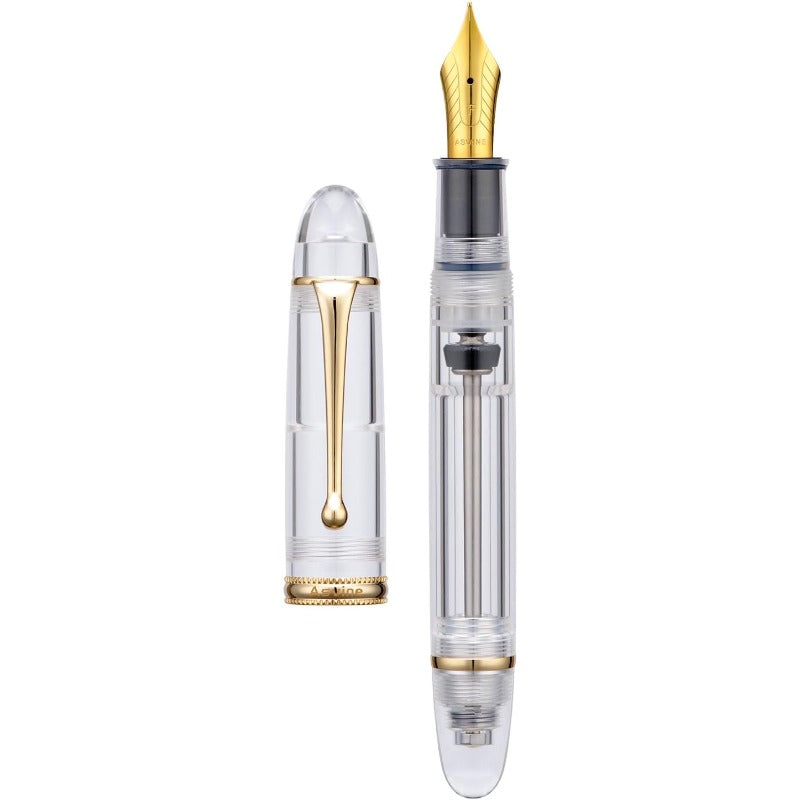V800 Fountain Pen - Vacuum Filling System with Large Ink Capacity - Smooth Number 8 Medium Nib with Gift Case and Wrench - Clear Golden Acrylic