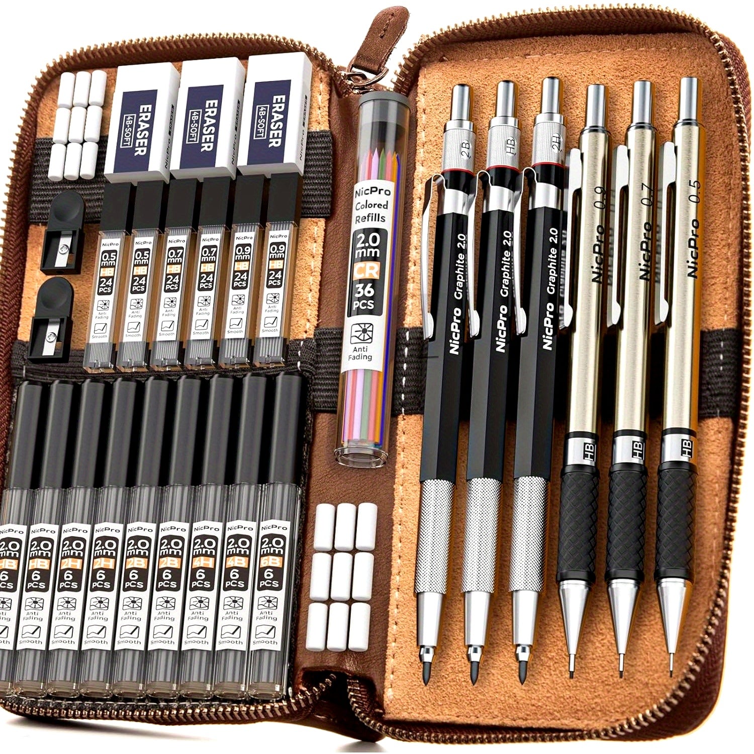 30pcs Art Mechanical Pencil Set In Case, Metal Drafting Pencil 0.5, 0.7, 0.9mm & 3pcs 2mm Lead Holders for Sketching Drawing with 16 Tube (6B 4B 2B HB 2H 4H Colors) Lead Refills-Back to School