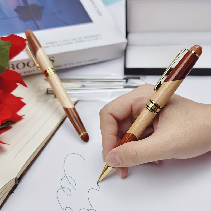 1 Set Luxury Wooden Pen Gift Box - Handcrafted Round Ballpoint Pens with Elegant Display Case, Premium Business Wood Pen Holder for Men & Women, Designer Executive Writing Instruments