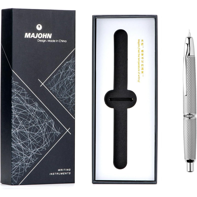 Majohn A1 Retractable Fountain Pen with Box Press Extra Fine Nib Metal White Grid Ink Pen with Converter Writing Set with Clip Version