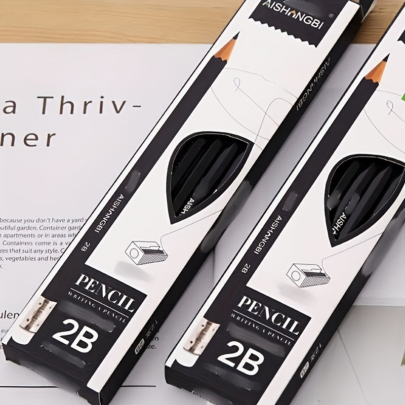 12pcs 2B Black Pencil Set with Rubber Writing Tool Sketch Pencil, Hand Drawing Tool 2B Exam Pen Art Supplies Pen Stationery Boutique Writing Tool, Suitable for Writing, Student Drawing, Sketching and Drawing, Suitable for School Edition Office Suppli