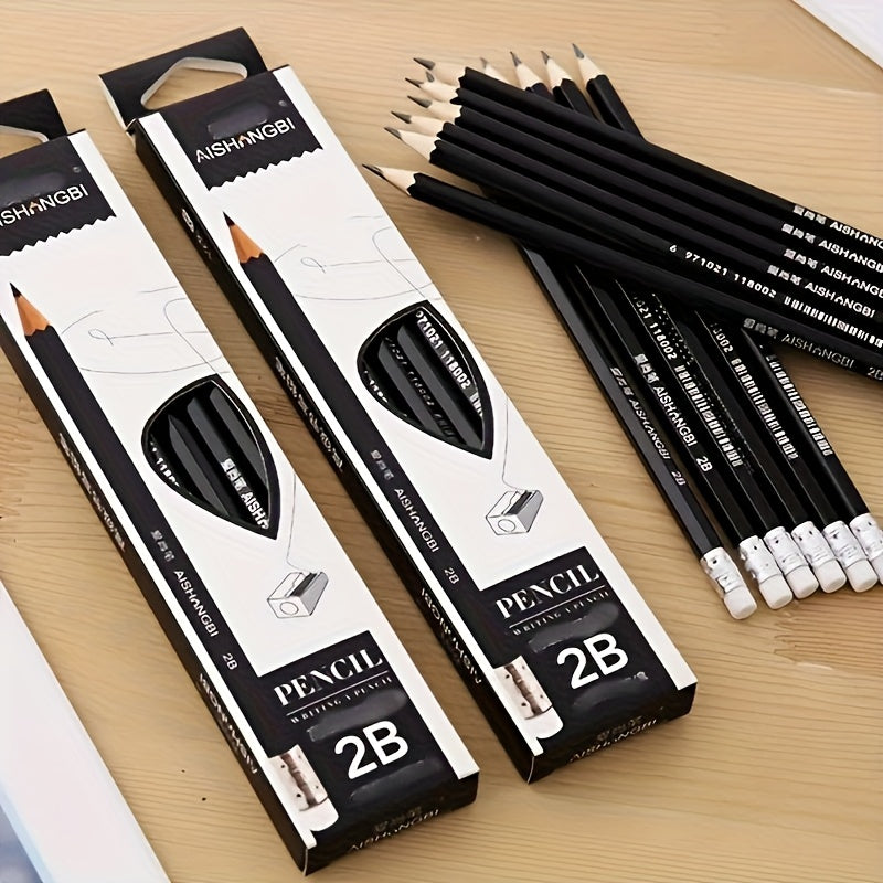 12pcs 2B Black Pencil Set with Rubber Writing Tool Sketch Pencil, Hand Drawing Tool 2B Exam Pen Art Supplies Pen Stationery Boutique Writing Tool, Suitable for Writing, Student Drawing, Sketching and Drawing, Suitable for School Edition Office Suppli