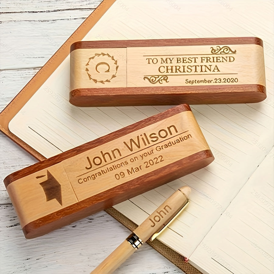 Personalized Custom Business Wooden Flip-Top Pen Case Set - Wooden Box Ballpoint Pen, Wood Inlay Gift Box Set. Can Be Engraved with Names, Inspirational Messages, or Signatures. Ideal for Back-to-school Season, Corporate Advertising, Business Offices