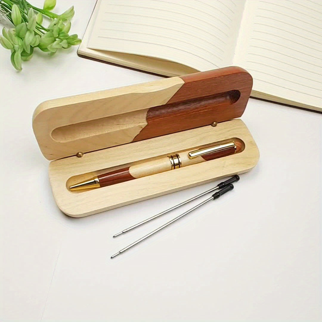 1 Set Luxury Wooden Pen Gift Box - Handcrafted Round Ballpoint Pens with Elegant Display Case, Premium Business Wood Pen Holder for Men & Women, Designer Executive Writing Instruments