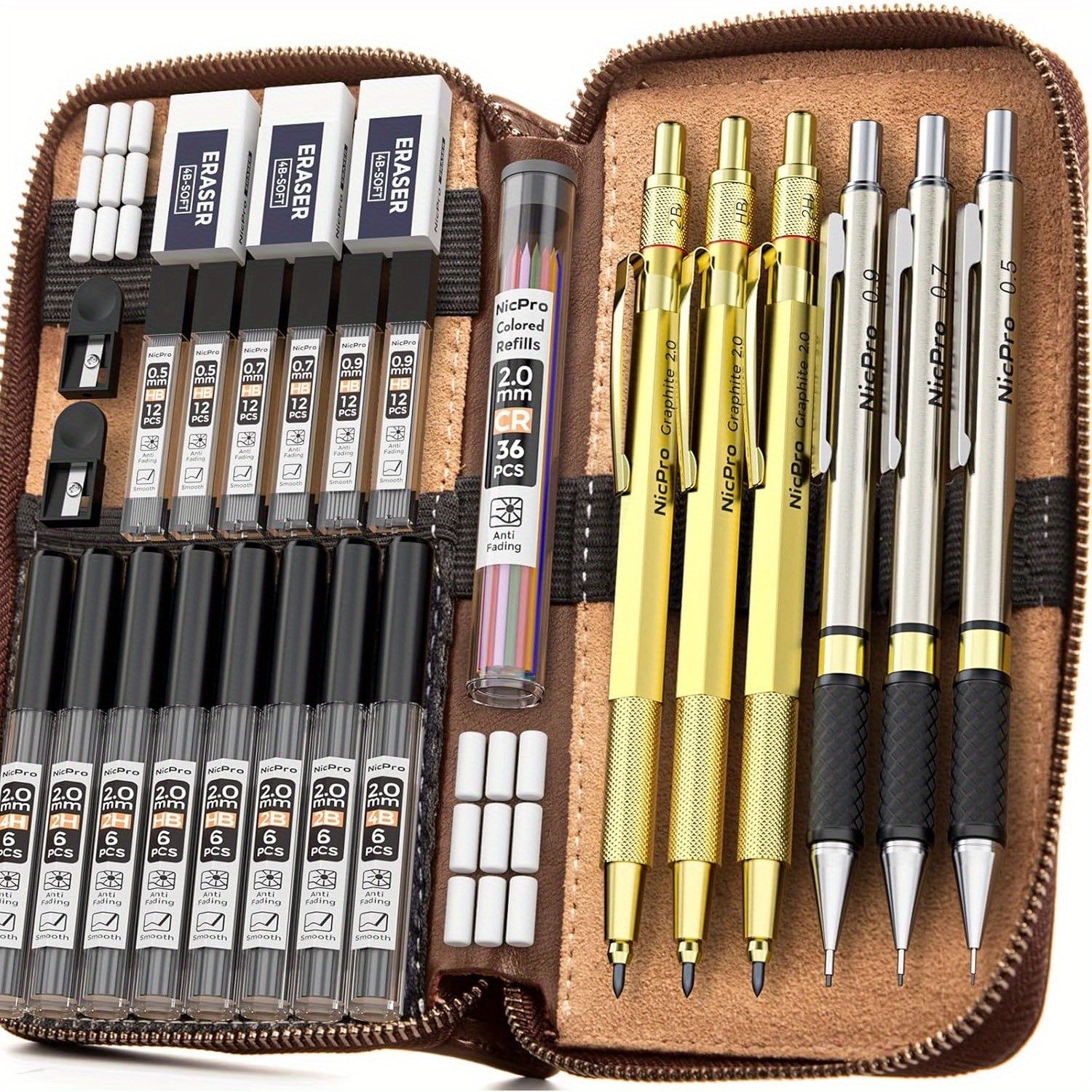 30pcs Art Mechanical Pencil Set In Case, Metal Drafting Pencil 0.5, 0.7, 0.9mm & 3pcs 2mm Lead Holders for Sketching Drawing with 16 Tube (6B 4B 2B HB 2H 4H Colors) Lead Refills-Back to School
